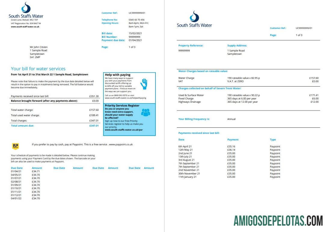 realista Modelo de conta de serviços públicos de água da equipe sul do Reino Unido em formato Word e PDF, 2 páginas